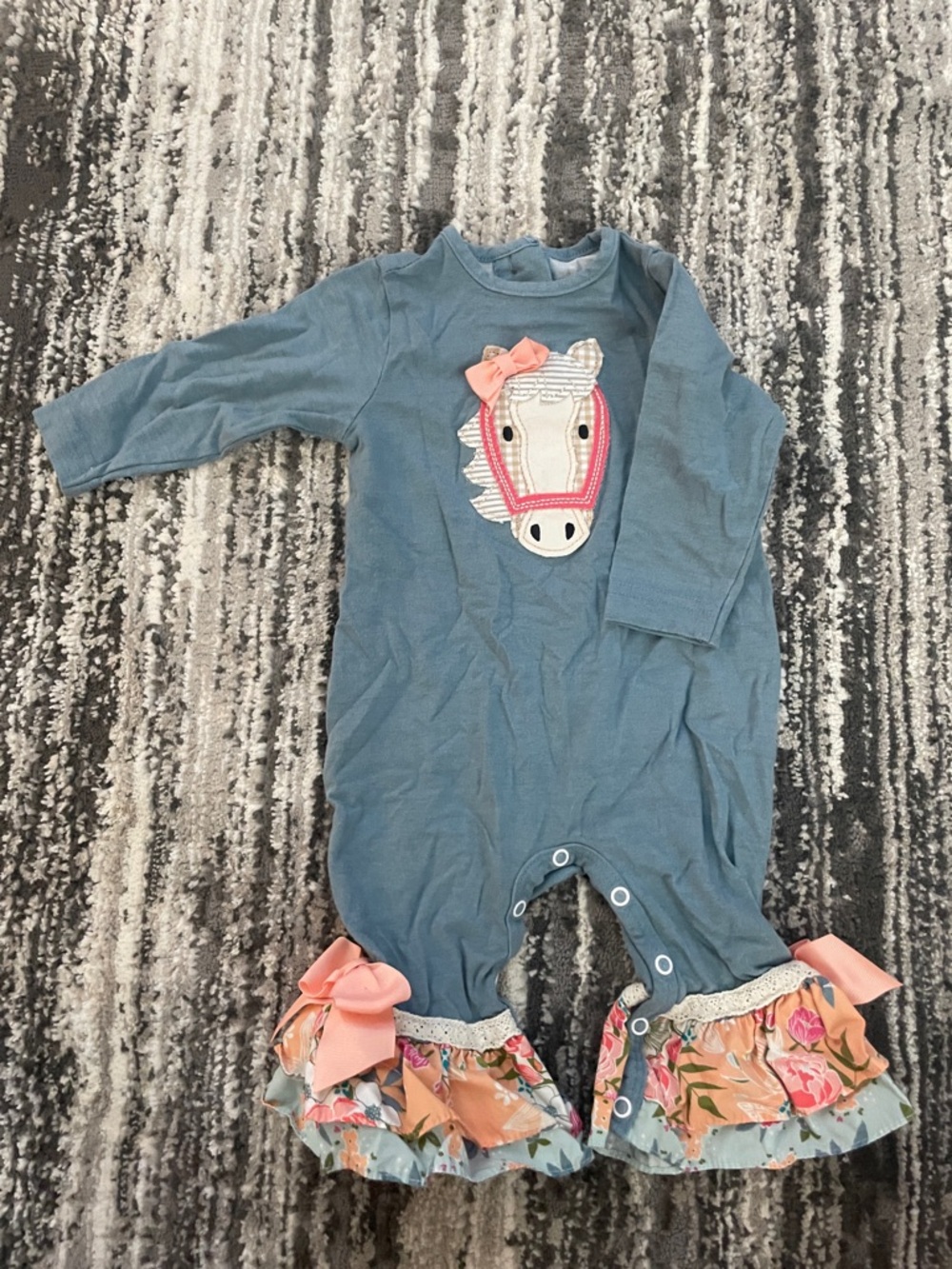 Long-Sleeve Blue Baby One-Piece with Horse Applique and Floral Ruffle